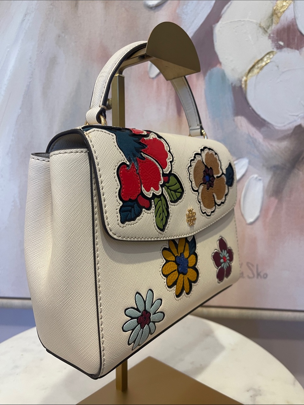 Tory Burch Cream Floral Appliqué Top-Handle Satchel - Picture 3 of 5
